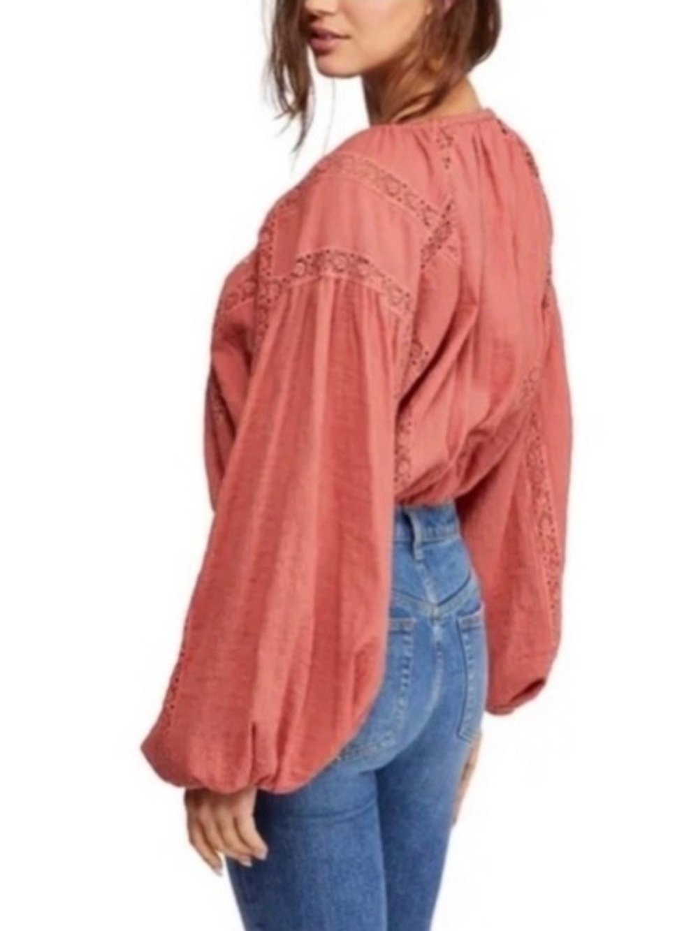 B2 Free People Rust Pink Embroidered Tie-Front Peasant Tunic - Picture 3 of 8